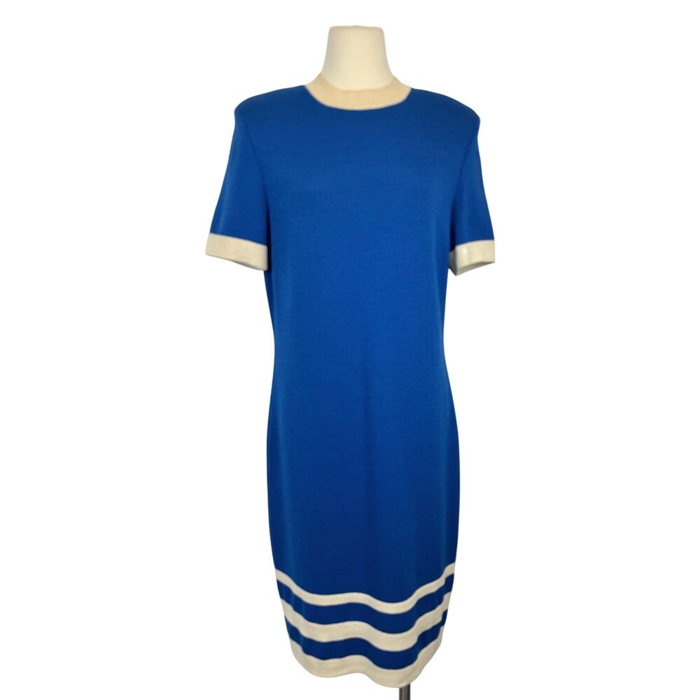St. John Knit Sweater Dress Short Sleeve Sheath Wool-Blend Blue Cream 12 Vintage